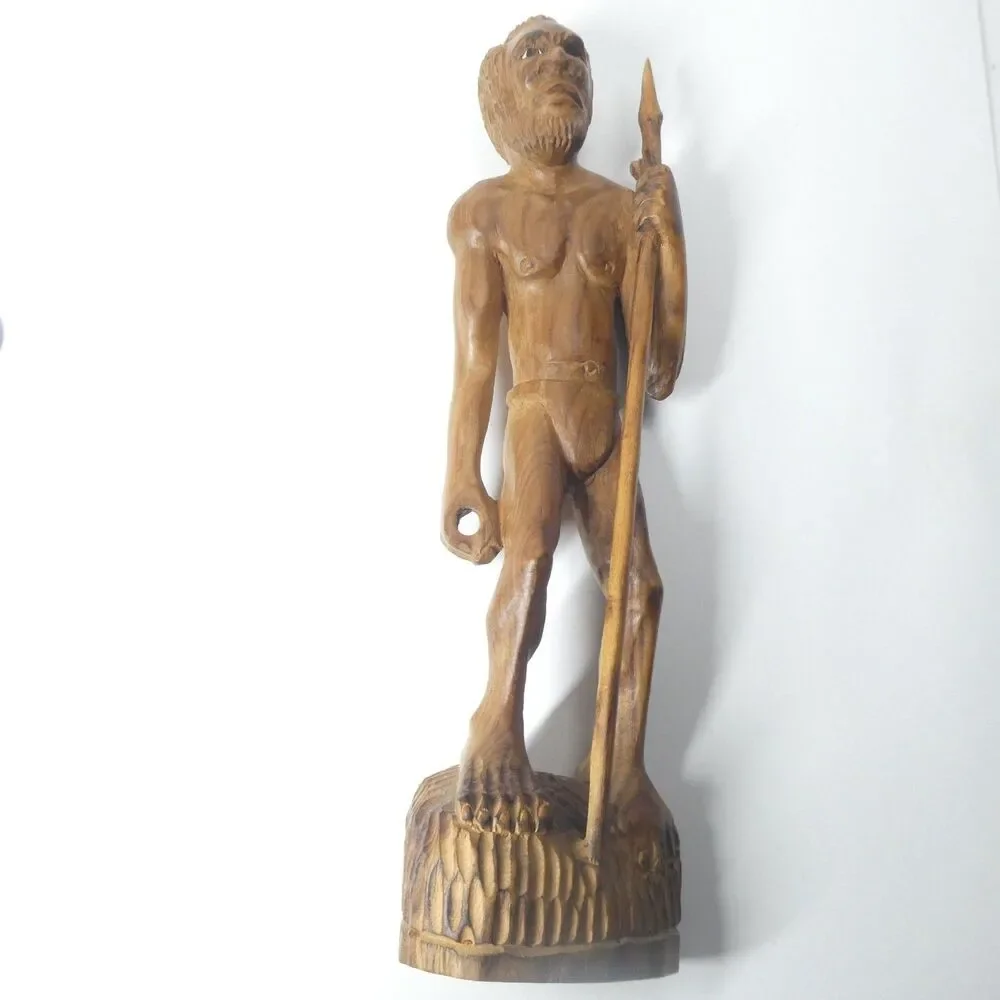 Carved Wooden Statue Hunter Warrior Man w/ Spear 17